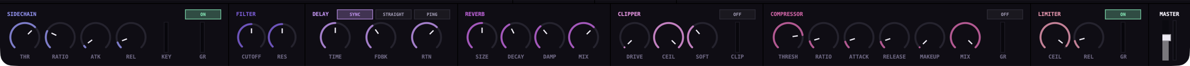 The master effects bar: seven devices left to right — sidechain, filter, delay, reverb, clipper, compressor, limiter — their knobs coloured on a ramp that warms from iris to rose across the chain.