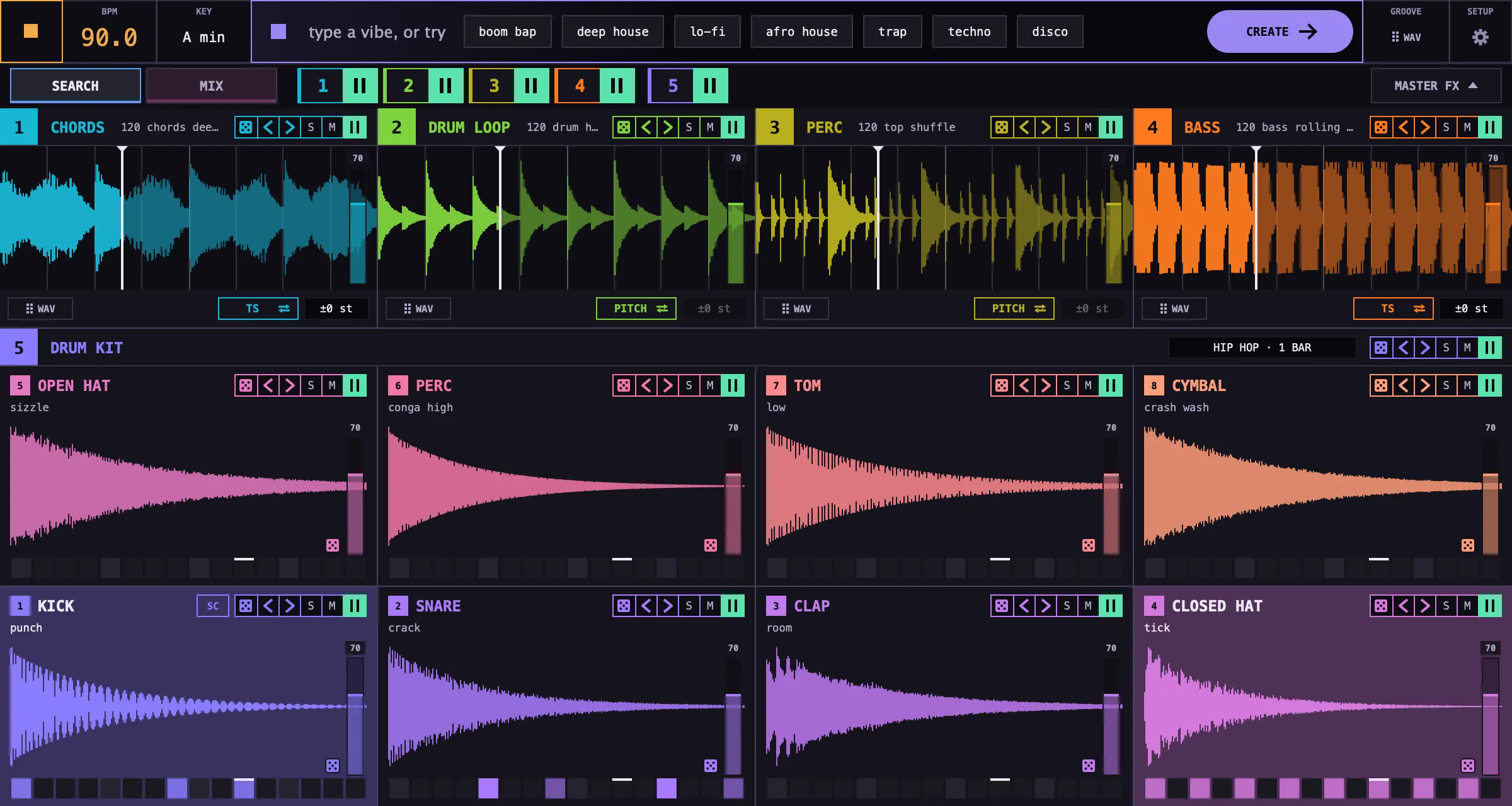 Adam Groovebox playing: the prompt bar along the top, four loopers each with its waveform, and the drum kit's eight pads with their steps.