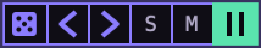 The transport strip from the app: a die, a left arrow, a right arrow, S, M, and a green pause button, in one frame.