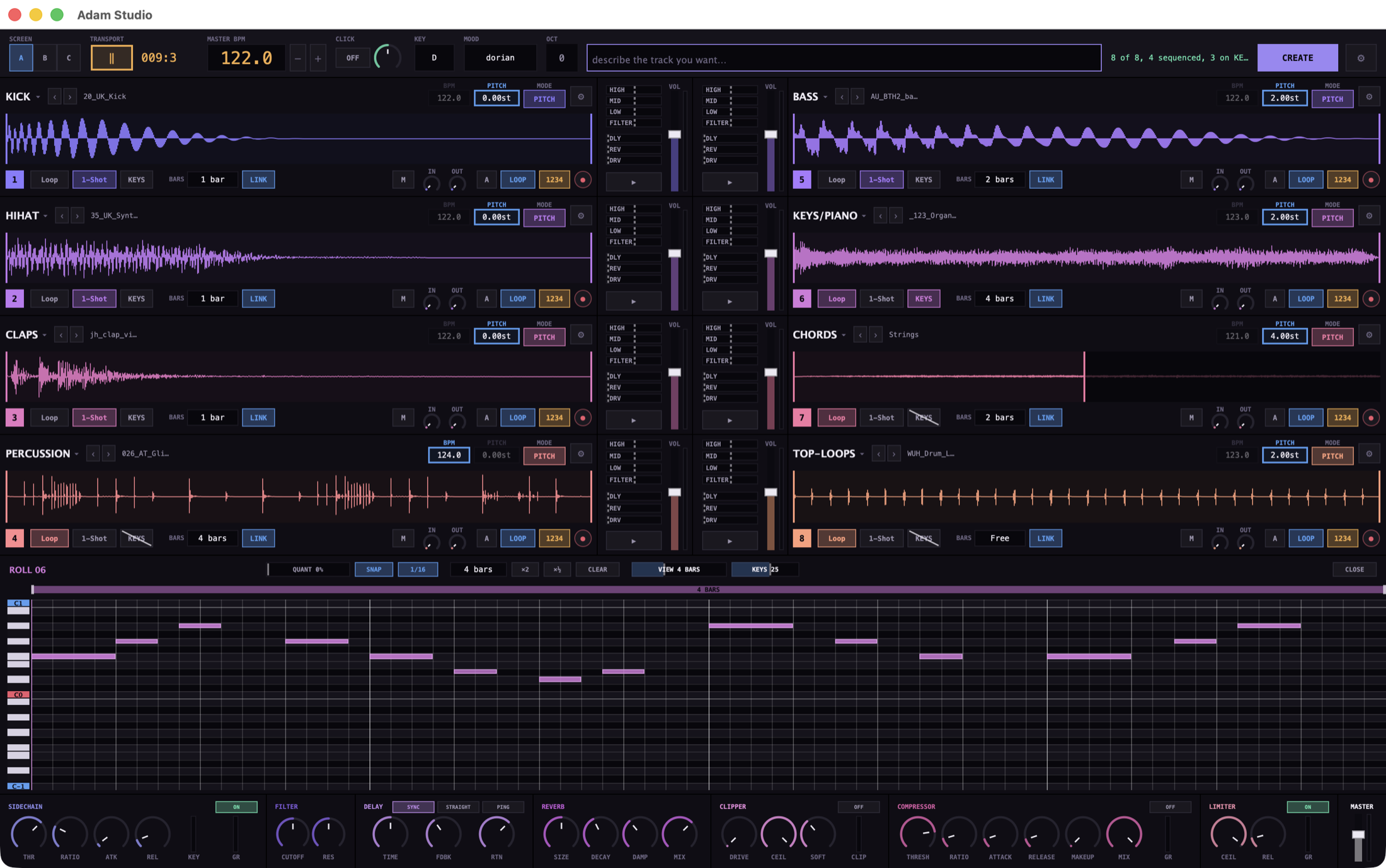 The Adam Studio window: eight instrument strips in two mirrored columns each showing a coloured waveform, a master bar across the top with the prompt field and CREATE button, an open piano roll holding a written melody, and a seven-device master effects chain along the bottom.