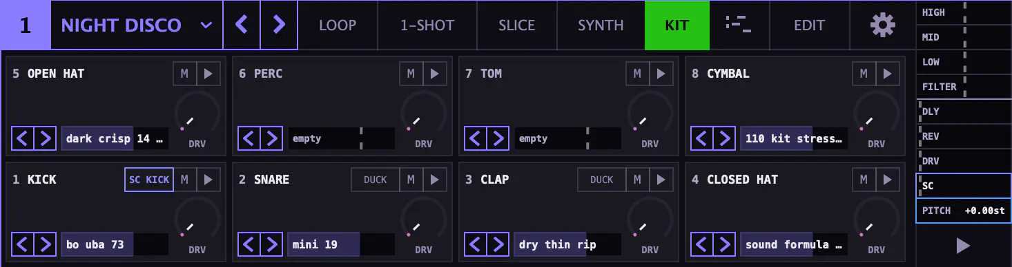 A KIT player: eight drum pads, KICK, SNARE, CLAP and CLOSED HAT on the bottom row, each with its sample's name, arrows to change it, and a drive knob.