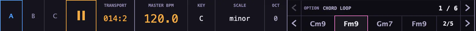 The top bar: master BPM 120.0, key C minor, then OPTION CHORD LOOP 1 of 6, and the progression Cm9, Fm9, Gm7, Fm9, progression 2 of 5, with arrows on both.