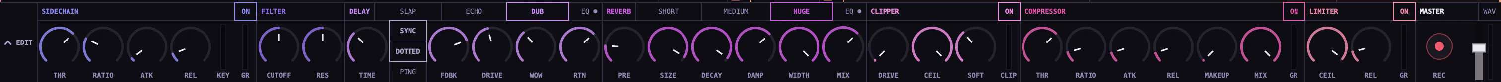 The master row: SIDECHAIN, FILTER, DELAY on DUB and DOTTED, REVERB on HUGE, CLIPPER, COMPRESSOR and LIMITER, then MASTER and REC.