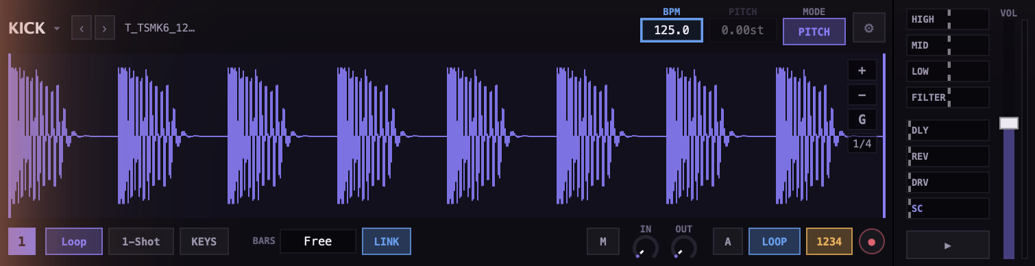 One player strip: the instrument name KICK with its file name, a violet kick-loop waveform across the middle, a row of Loop / 1-Shot / KEYS / BARS controls beneath it, and on the right the channel rail &mdash; stacked HIGH, MID, LOW, FILTER, DLY, REV, DRV and SC sliders beside a vertical volume fader, with SC lit in the sidechain&rsquo;s colour.